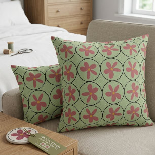 Coussin Rétro floral des années 70 Vert sauge et rose géom