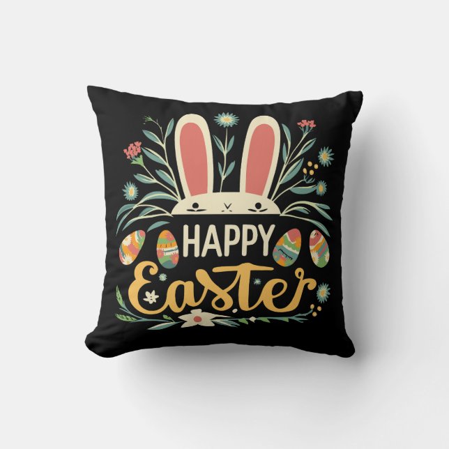 Coussin Retro Floral Happy Easter Bunny Boho Spring (Recto)