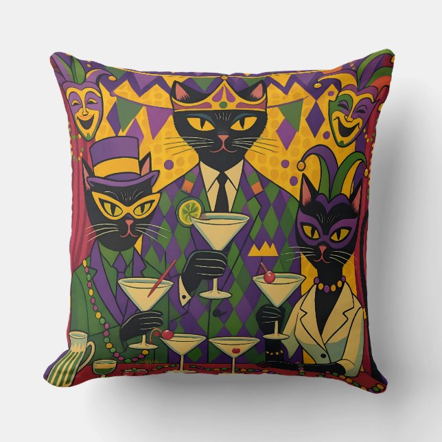 Coussin Retro Futuristic Mardi Gras Black Cat Martini Club (Recto)