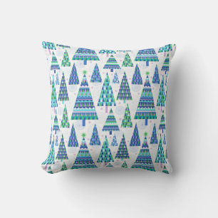 Coussin Retro Geo Scandi Arbres de Noël Bleu et Vert