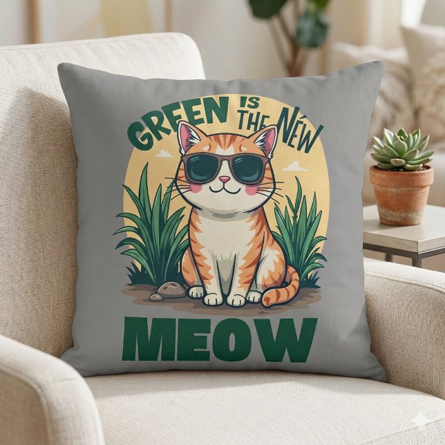 Coussin Rétro "Green is the New Meow" Cool Chat Nature Art (Retro Green Is The New Meow Cool Cat Nature Art Throw Pillow Mockup A)