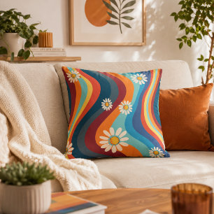 Coussin Rétro Groovy Fleur de Daisy Arc-en-ciel des années