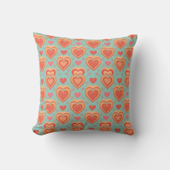 Coussin  Retro Groovy Hearts 70s Valentine Love Coral Mint (Recto)