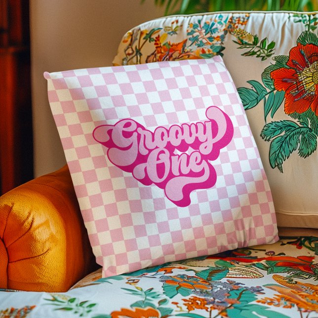 Coussin Rétro Groovy One Rose et Blanc à Damier (Retro Groovy One Pink and White Check Throw Pillow
)