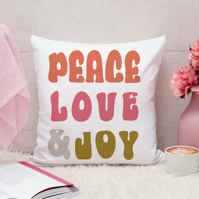 Coussin Retro Groovy Paix Amour Joie Vacances  (Back Photo Retro Groovy Peace Love Joy Holiday Photo Throw Pillow)
