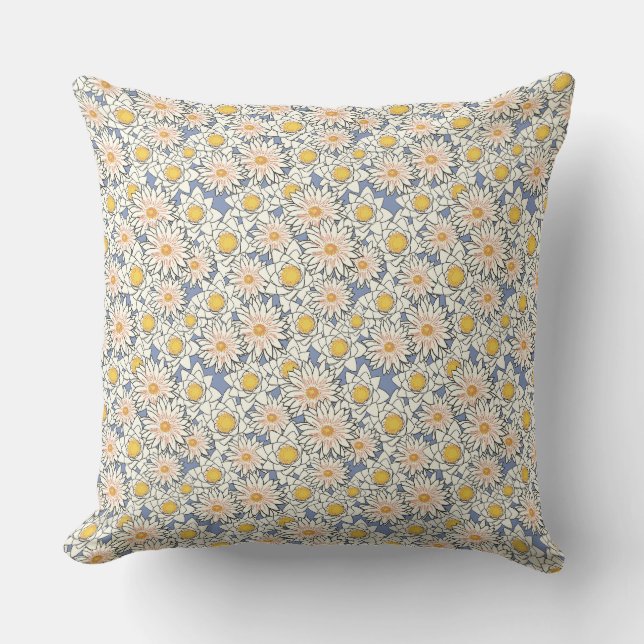 Coussin Retro jaune et bleu motif floral l Aquarelle (Recto)
