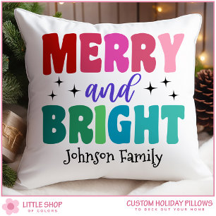 Coussin Retro Joyeux et Lumineux Nom Personnalisable Noël