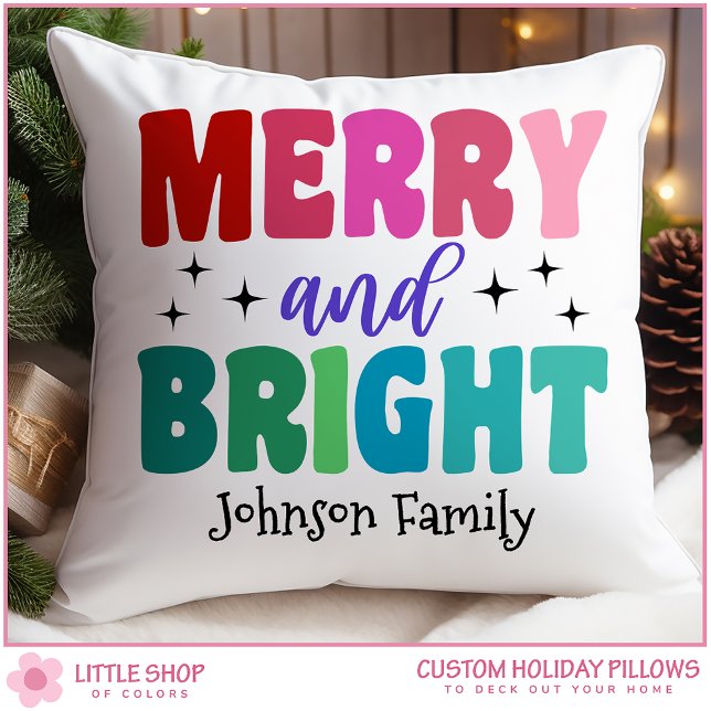 Coussin Retro Joyeux et Lumineux Nom Personnalisable Noël (Créateur téléchargé)