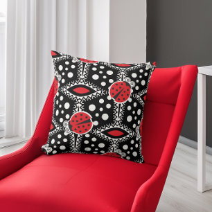 Coussin Retro Ladybugs Polka Dot rouge et noir