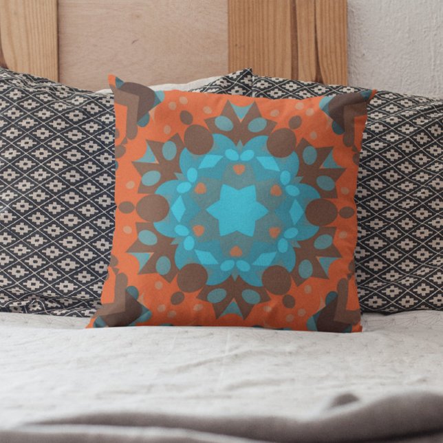 Coussin Retro Mandala Flower Blue et Orange (Créateur téléchargé)