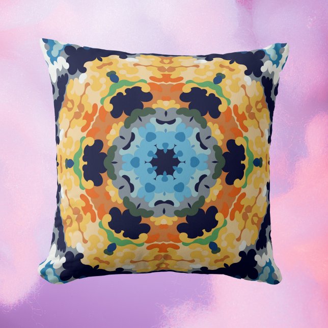 Coussin Rétro Mandala jaune bleu et orange (Créateur téléchargé)