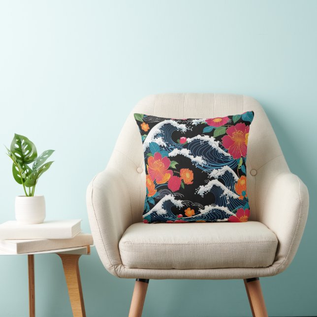 Coussin Retro Moderne Seigaiha Sakura Fleurs Japon (Chaise)