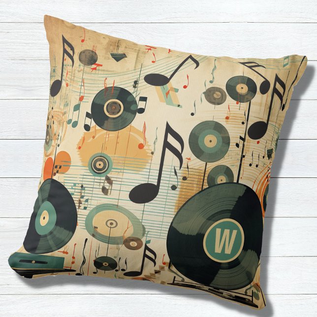 Coussin Retro Music Lover's Vinyl Music Notes Monogramme (Créateur téléchargé)