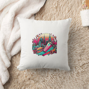 Coussin Retro Neon Cityscape avec Vibes de restauration ra