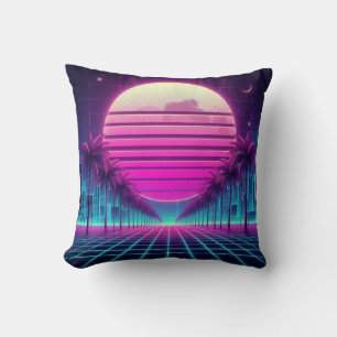 Coussin rétro, néon des années 80 lune/palmiers/coucher de