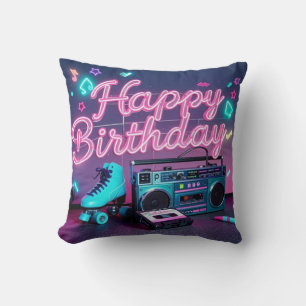 Coussin Retro neon Joyeux Anniversaire signe en rose et tu