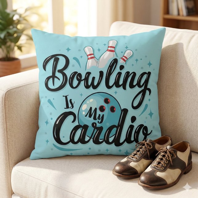 Coussin Rétro Néon "Le Bowling Est Mon Cardio" Bowling Drô (Retro Neon Bowling Is My Cardio Funny Bowling Throw Pillow Mockup A)