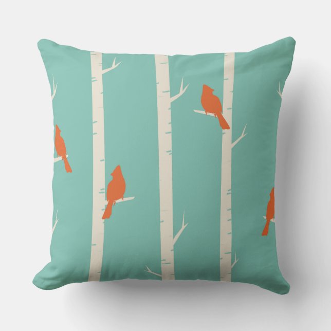 Coussin Rétro Orange Birds on Birch Trees (Recto)