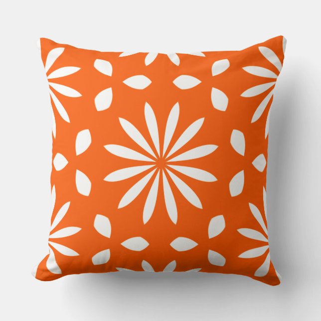 Coussin Rétro Orange Blanc Floral Géométrique (Recto)