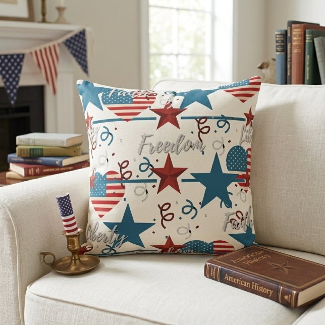 Coussin Rétro Patriotique Foi, Liberté et Liberté (Faith, Freedom and Liberty Retro Patriotic Throw Pillow)