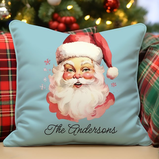 Coussin Rétro Père Noël Vintage Bleu Noël (Créateur téléchargé)