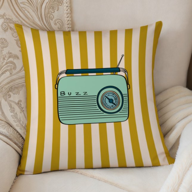 Coussin Retro Radio and Gold Stripes, Accent Pillow,  (Créateur téléchargé)