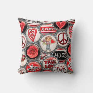 Coussin Retro Red Floral Hearts True Love Valentine's Day