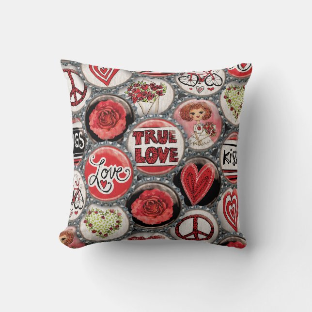 Coussin Retro Red Floral Hearts True Love Valentine's Day (Recto)