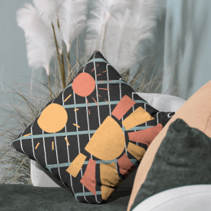 Coussin Retro red orange Sunset on blue black & white grid