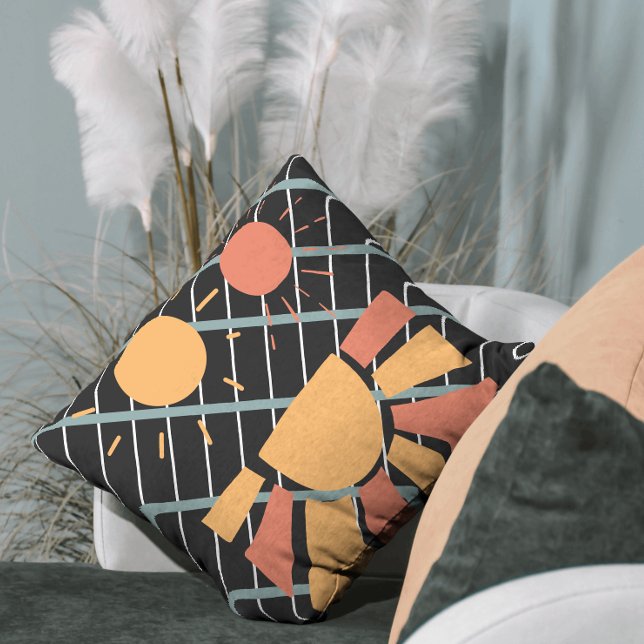 Coussin Retro red orange Sunset on blue black & white grid (Créateur téléchargé)