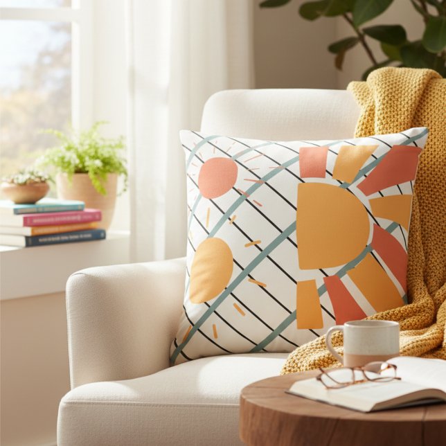Coussin Retro red orange Sunset on blue white & black grid (Créateur téléchargé)