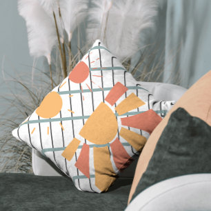 Coussin Retro red orange Sunset on blue white & black grid