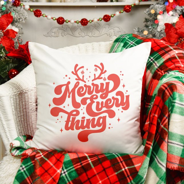 Coussin Retro Red White Merry tout Joyeux Noël (Retro Red White Merry everything Merry Christmas Throw Pillow)