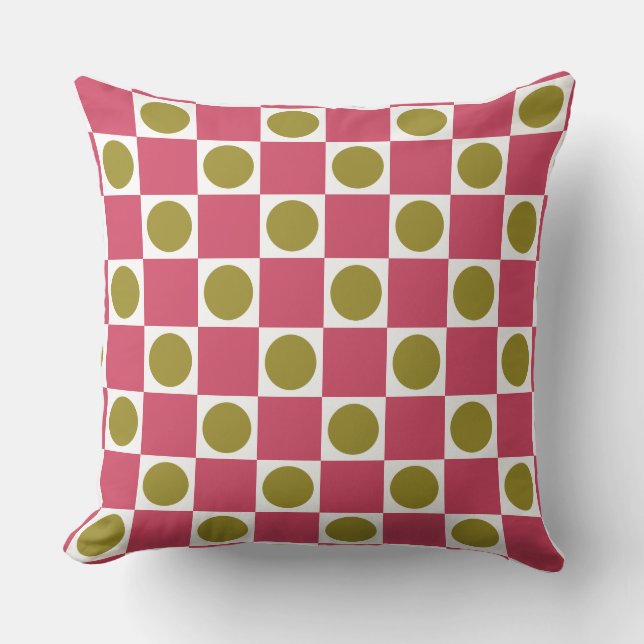 Coussin Rétro Rose et Olive Cercle à damier (Recto)