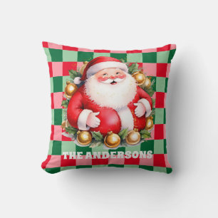 Coussin Retro Santa Claus Tartan Plaid Joyeux Noël