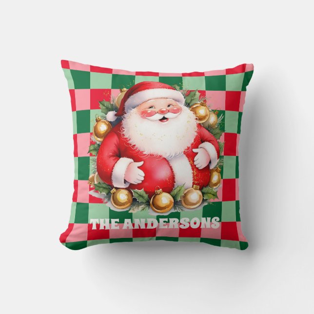 Coussin Retro Santa Claus Tartan Plaid Joyeux Noël (Recto)