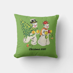 Coussin Retro Snowcouple sur l'Arrière - plan vert