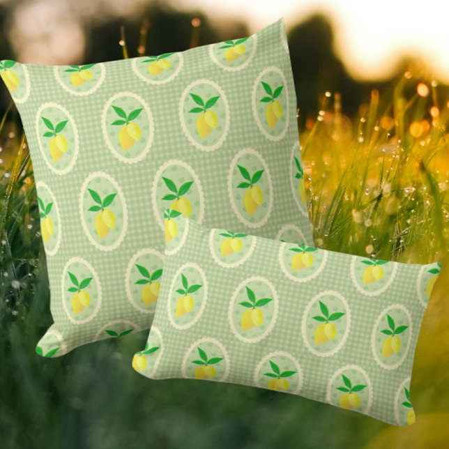 Coussin Retro Sunny Lemons on Green Gingham (Vintage charm lemons and gingham!)