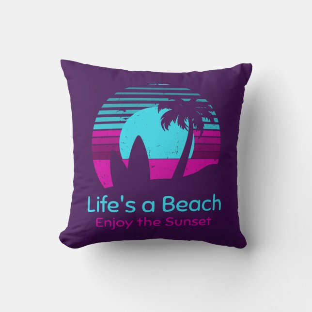 Coussin Retro Sunset Surfboard Palm Tree Life's a Beach (Recto)