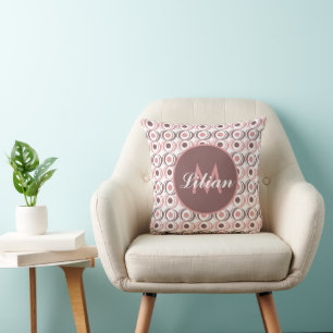 Coussin Rétro Ton Terreux Circulaire Monogrammé Rose