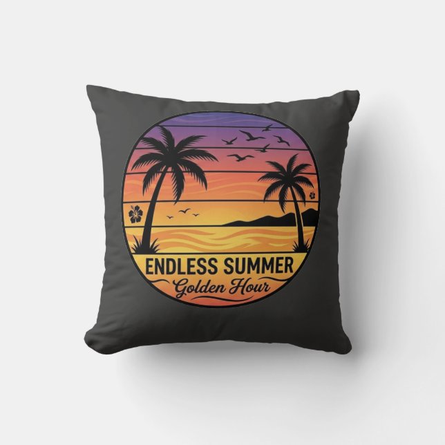 Coussin Retro Tropical Sunset Palm Trees Beach Throw Pillo (Recto)