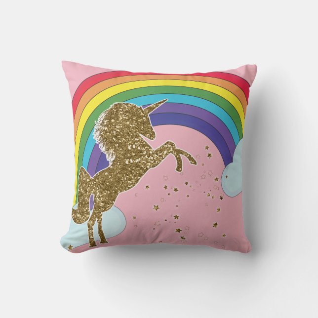 Coussin Retro Unicorn Rainbow & Gold Stars Girls (Recto)