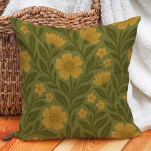 Coussin Rétro Vintage Terre Ton Olive Or Jaune Fleurs