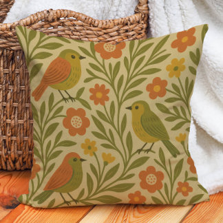 Coussin Rétro Vintage Terre Ton Olive Orange Or Oiseaux