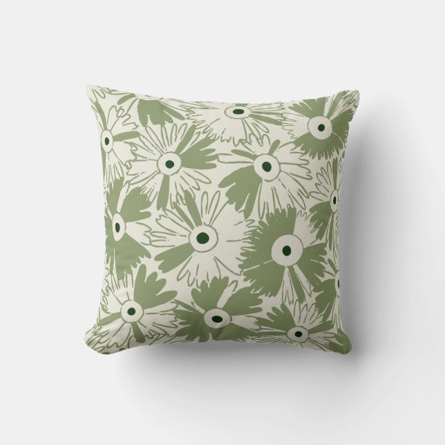 Coussin Retro Wildflower & Diamond Grid Reversible Olive (Recto)