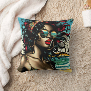 Coussin Retro Woman on Beach Comédie Style Pop Art