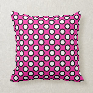 Coussin Rétros points cerclés, fuchsia, noir et blanc