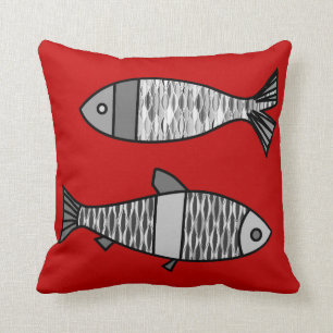 Coussin Rétros poissons modernes, rouge-foncé et gris/gr