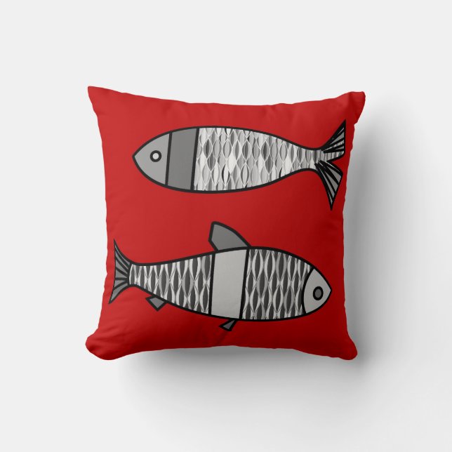 Coussin Rétros poissons modernes, rouge-foncé et gris/gris (Recto)