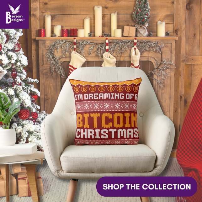 Coussin Rêvant d'un motif tricoté faux Noël BITCOIN  (Fun stylish BITCOIN CHRISTMAS pillow to add to your festive Christmas home décor. Matching gifts too)